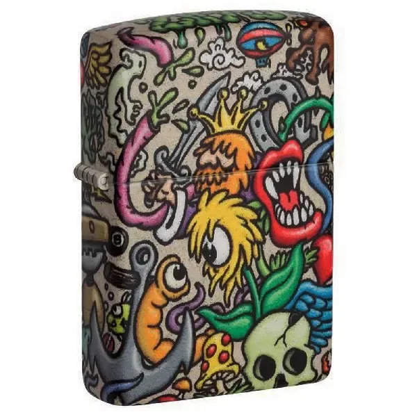 Encendedor Zippo Tattoo Theme cerrado, decorado con dibujos multicolores de una calavera, una corona y figuras fantásticas.