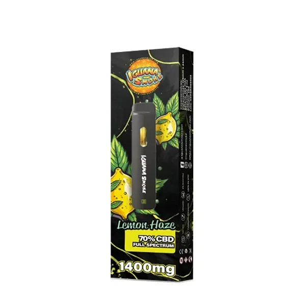 Caja negra de vaper Iguana Smoke Lemon Haze con limones, hojas y un dispositivo ilustrado; etiqueta con 70% CBD, Full Spectrum y 1400 mg.