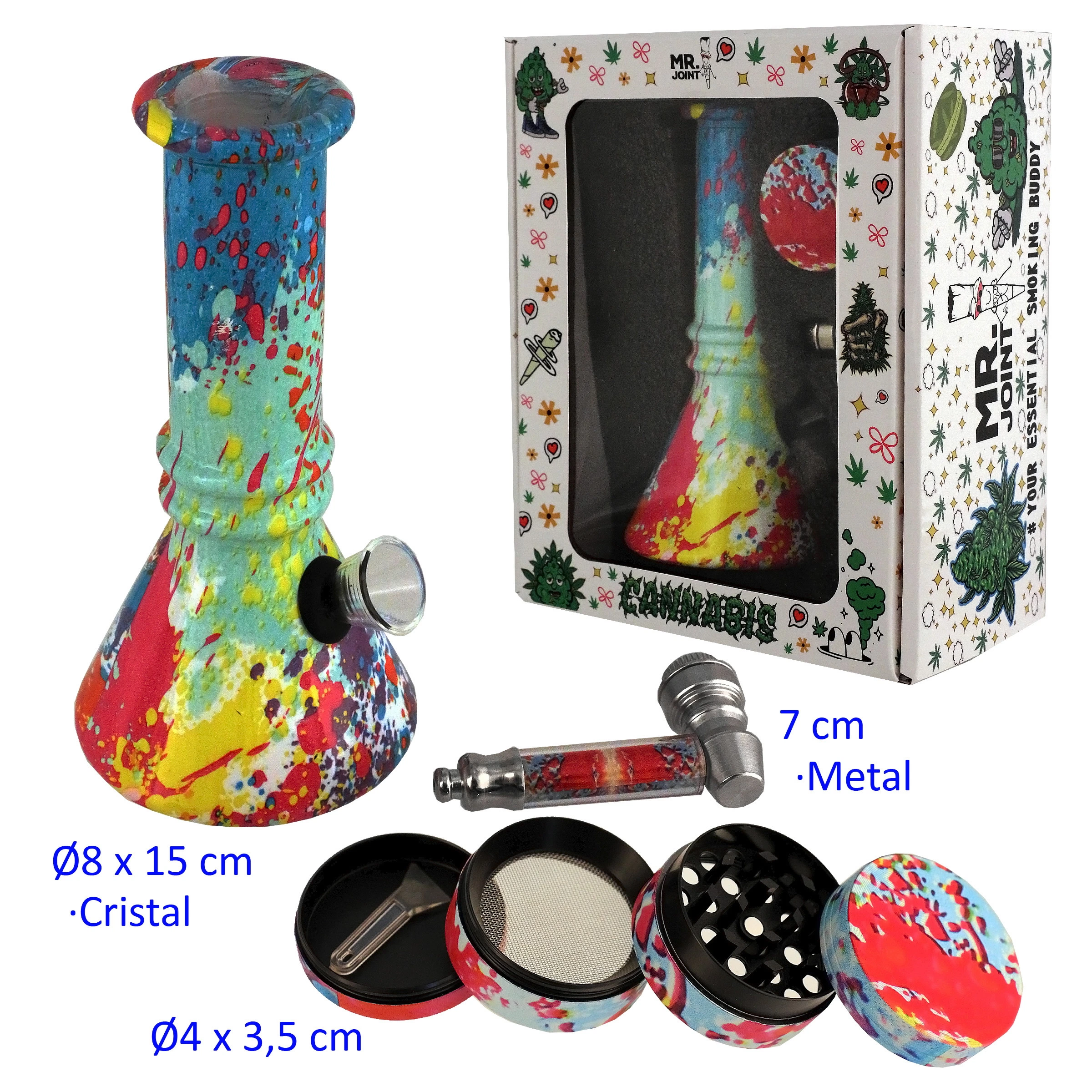 Set con bong, grinder abierto y pipa, decorados con salpicaduras multicolores, junto a una caja con ventana.
