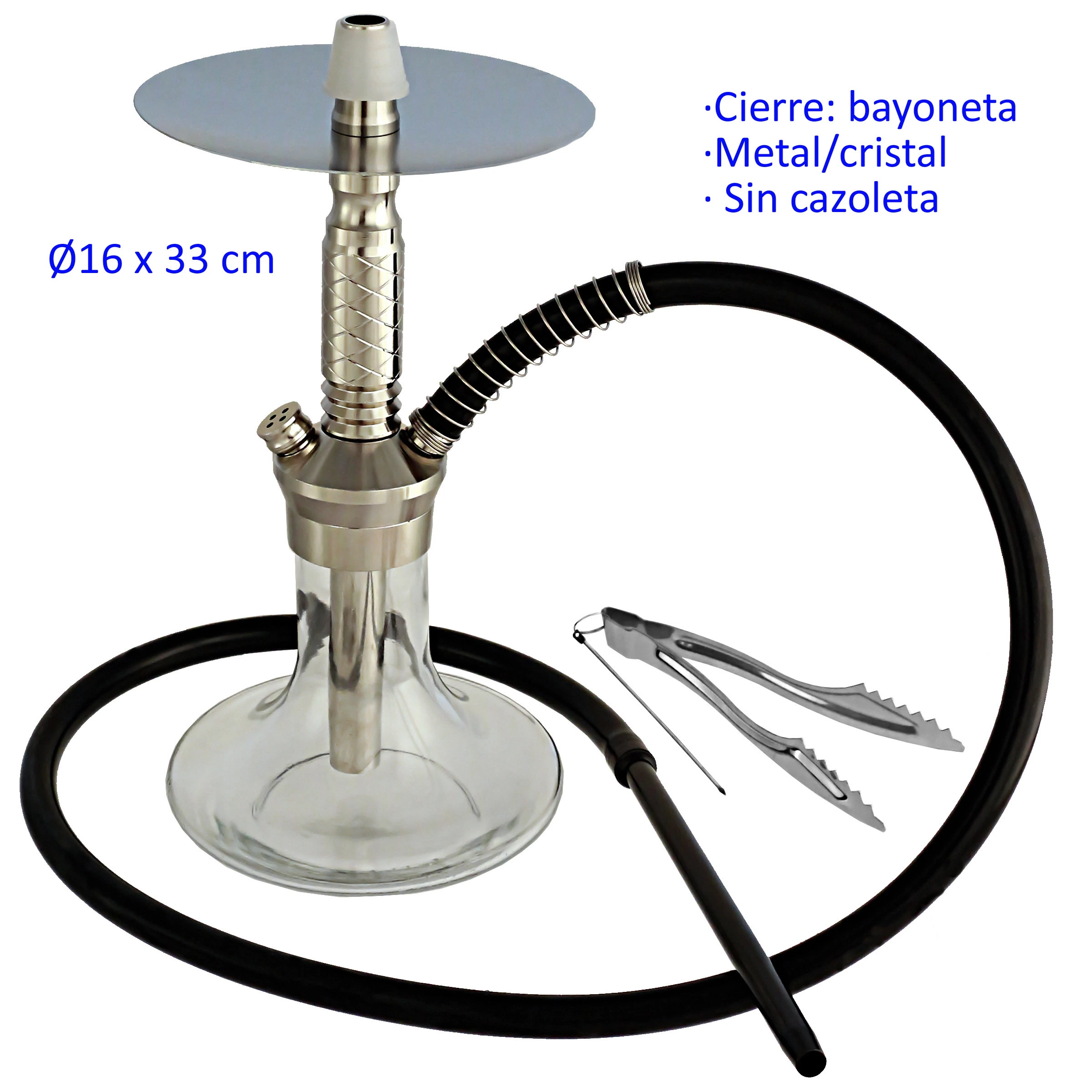 Shisha plateada de 33 cm con base de cristal transparente, plato superior, manguera negra y pinzas, sin cazoleta, sobre fondo blanco. Shisha plateada de 33 cm con base de cristal transparente, plato superior, manguera negra y pinzas, sin cazoleta, sobre fondo blanco.