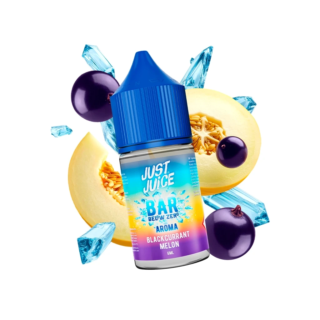 Frasco Just Juice Below Zero Blackcurrant Melon con tapón azul y etiqueta de 6 ml, rodeado de melón, grosellas negras y fragmentos de hielo ilustrados.