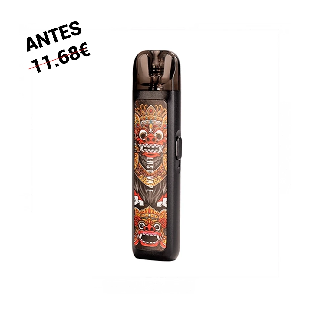 Lost Vape Ursa Nano Pod Kit negro, con boquilla translúcida oscura, botón lateral y decoración de máscaras en rojo y dorado.