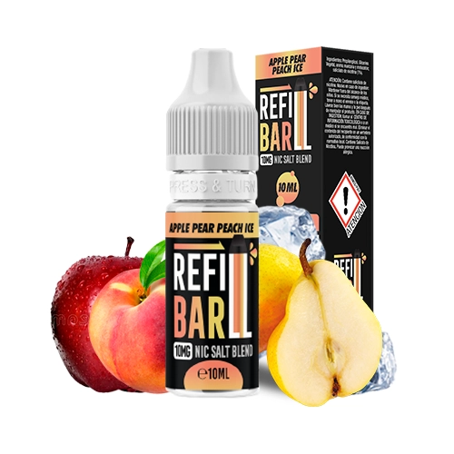 Frasco Refill Bar Salts Apple Peach Pear Ice con tapón blanco y caja negra, junto a manzana, melocotón, pera y cubitos de hielo.