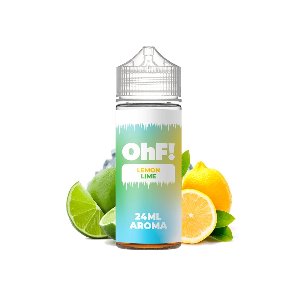 Botella OhF! Lemon Lime con tapón transparente y etiqueta de 24 ml de aroma, rodeada de limones y limas sobre fondo blanco.