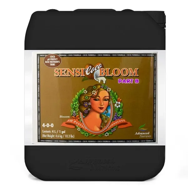 Garrafa negra de pH Perfect Sensi Coco Bloom B de Advanced Nutrients, con etiqueta dorada, figura femenina y texto Part B. Garrafa negra de pH Perfect Sensi Coco Bloom B de Advanced Nutrients, con etiqueta dorada, figura femenina y texto Part B.