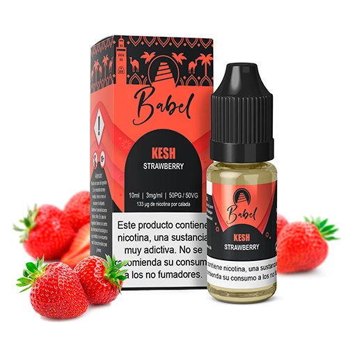 Frasco de e-líquido Babel Kesh Strawberry con tapón negro junto a su caja roja y negra, rodeado de fresas sobre fondo blanco.