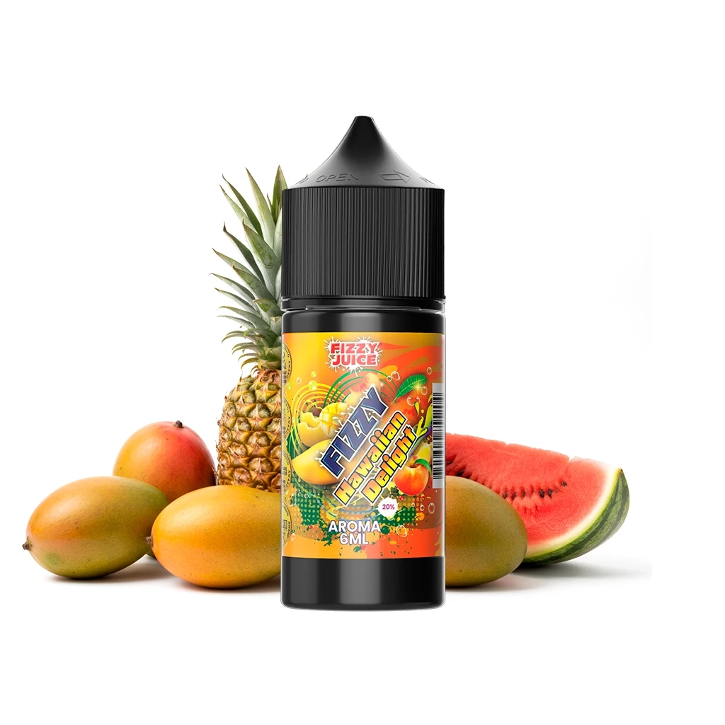 Frasco negro Fizzy Juice Hawaiian Delight con etiqueta multicolor de aroma de 6 ml, delante de una piña, mangos y una rodaja de sandía.
