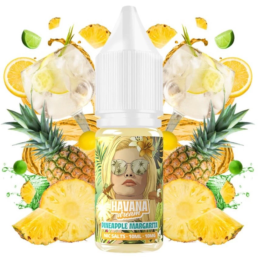 Frasco Pineapple Margarita Salts de Havana Dream con tapón blanco, rodeado de piñas, cítricos y copas con hielo.