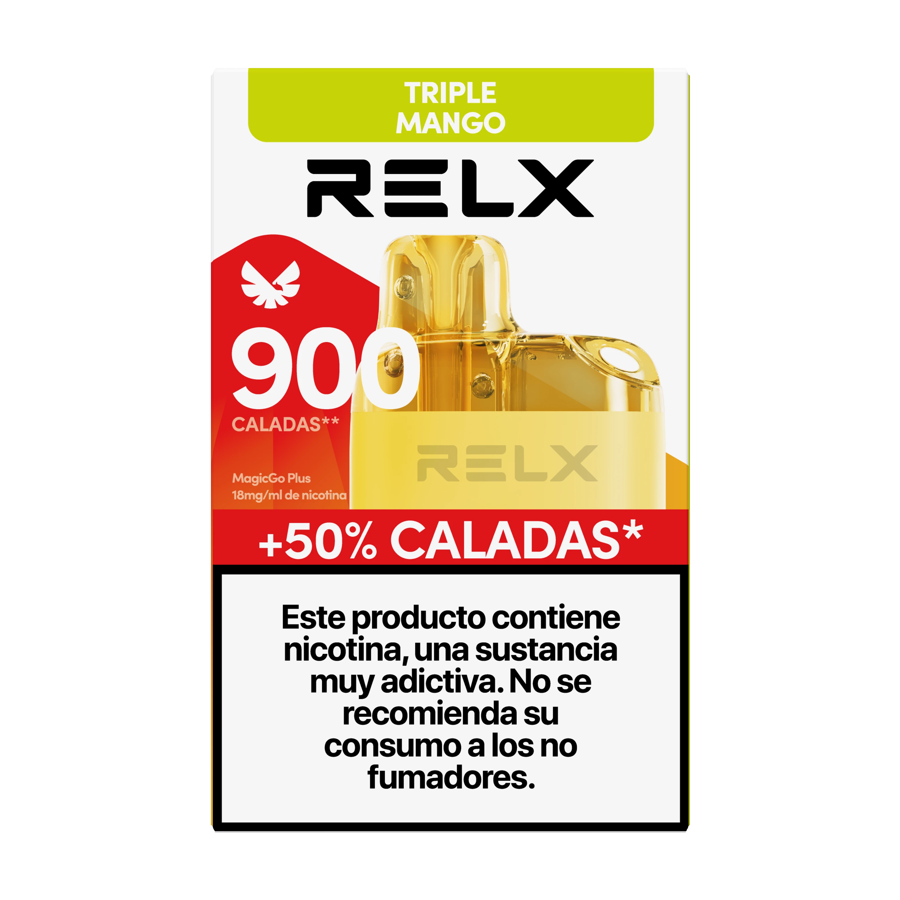 Caja de RELX MagicGo Plus Triple Mango con un vaper amarillo ilustrado, indicación de 900 caladas y advertencia sobre nicotina.