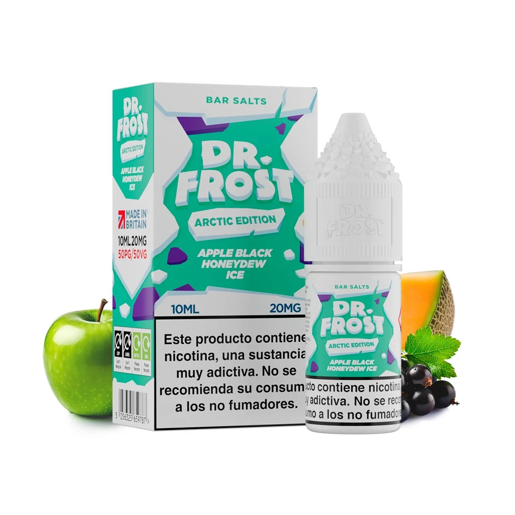Frasco y caja de Dr Frost Apple Black Honeydew Ice, con etiquetas verdes, 10 ml y 20 mg, junto a una manzana, melón y frutos oscuros.