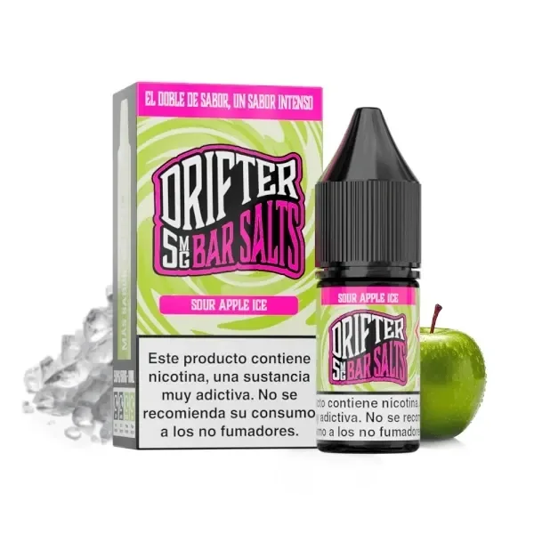 Frasco y caja Drifter Bar Salts Sour Apple Ice en verde y rosa, con advertencia de nicotina, junto a una manzana verde y hielo.