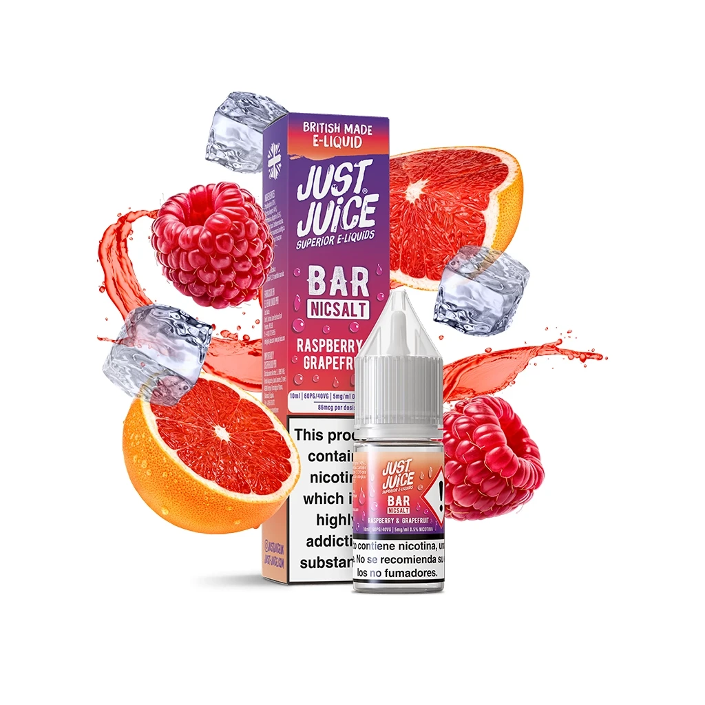 Frasco y caja de Just Juice Bar Salts Raspberry Grapefruit, rodeados de frambuesas, mitades de pomelo, cubitos de hielo y salpicaduras rojas.