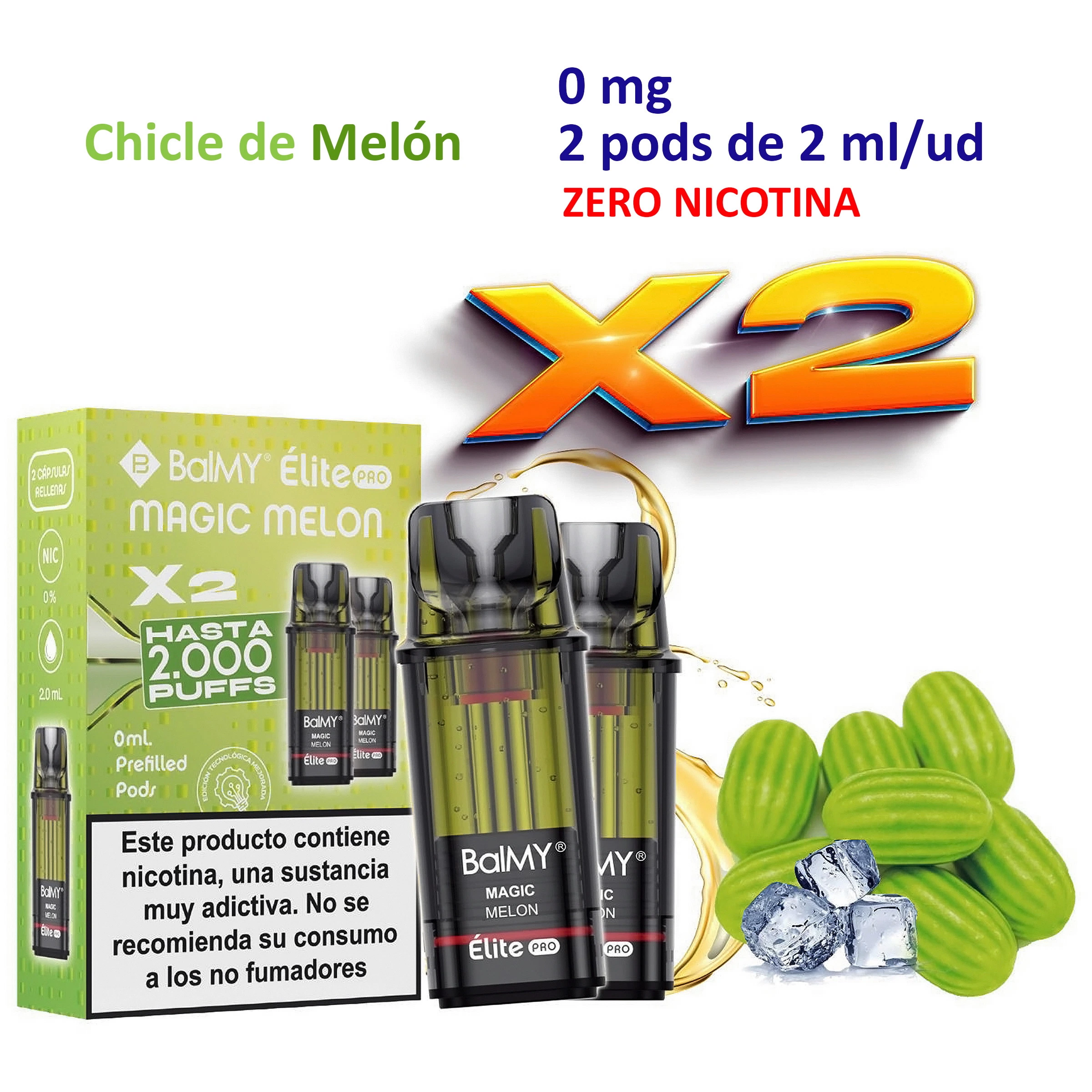 Caja y dos pods Magic Melon BALMY ÉLITE PRO, con chicles verdes y hielo; texto «0 mg» y «2 pods de 2 ml/ud».