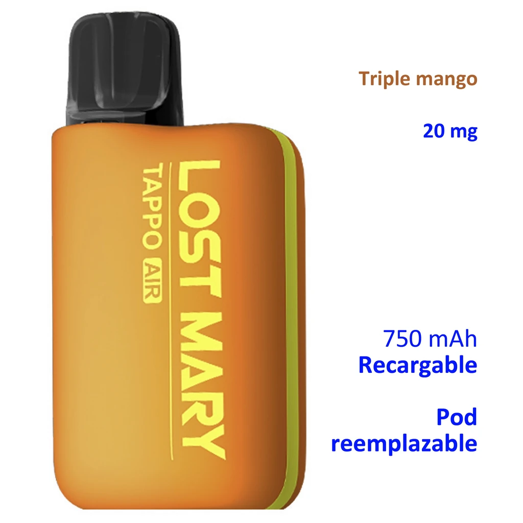 Lost Mary TAPPO Triple Mango naranja con boquilla negra y textos de 20 mg, batería recargable de 750 mAh y pod reemplazable.