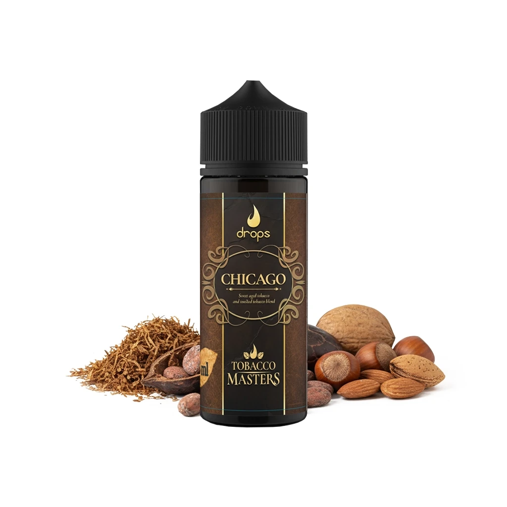 Bote Drops Tobacco Masters Chicago con tapón negro y etiqueta marrón y dorada, acompañado de tabaco y frutos secos sobre fondo blanco.