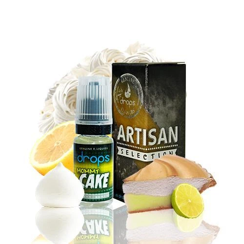 Frasco Drops Mommy Cake junto a su caja Artisan Selection, con una porción de tarta, cítricos y remolinos de crema sobre fondo blanco.