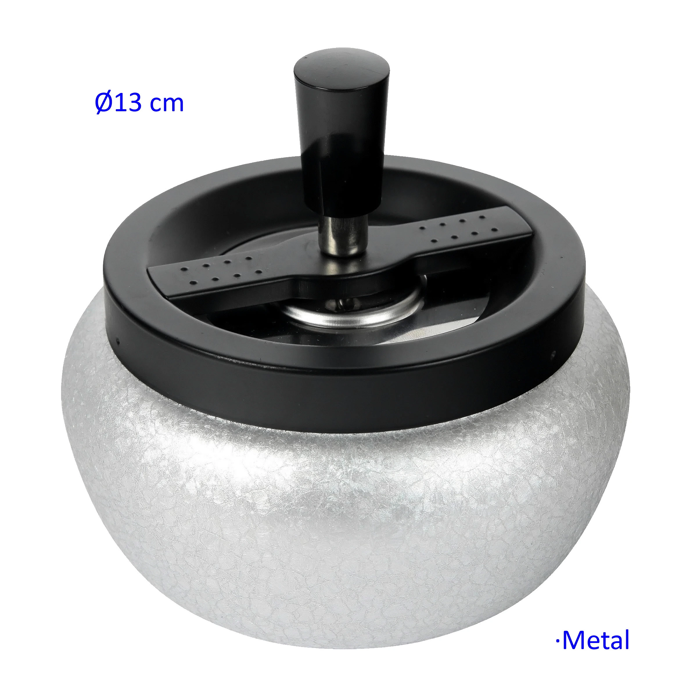 Cenicero automático negro y plata de 13 cm, con cuerpo redondeado, borde negro y pulsador central elevado.