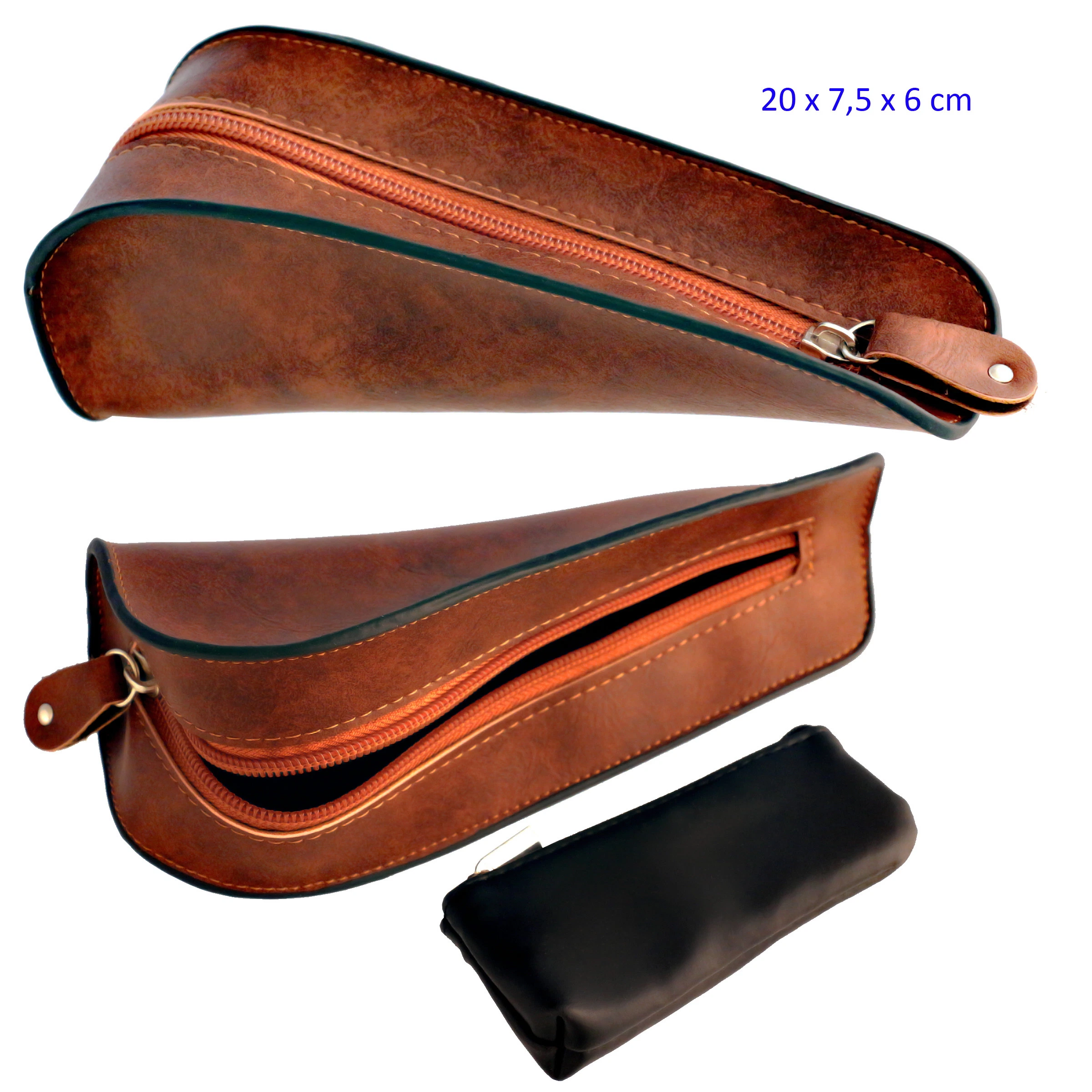 Bolsa para cachimba marrón, alargada y con cremallera, mostrada cerrada y entreabierta, junto a una variante negra.