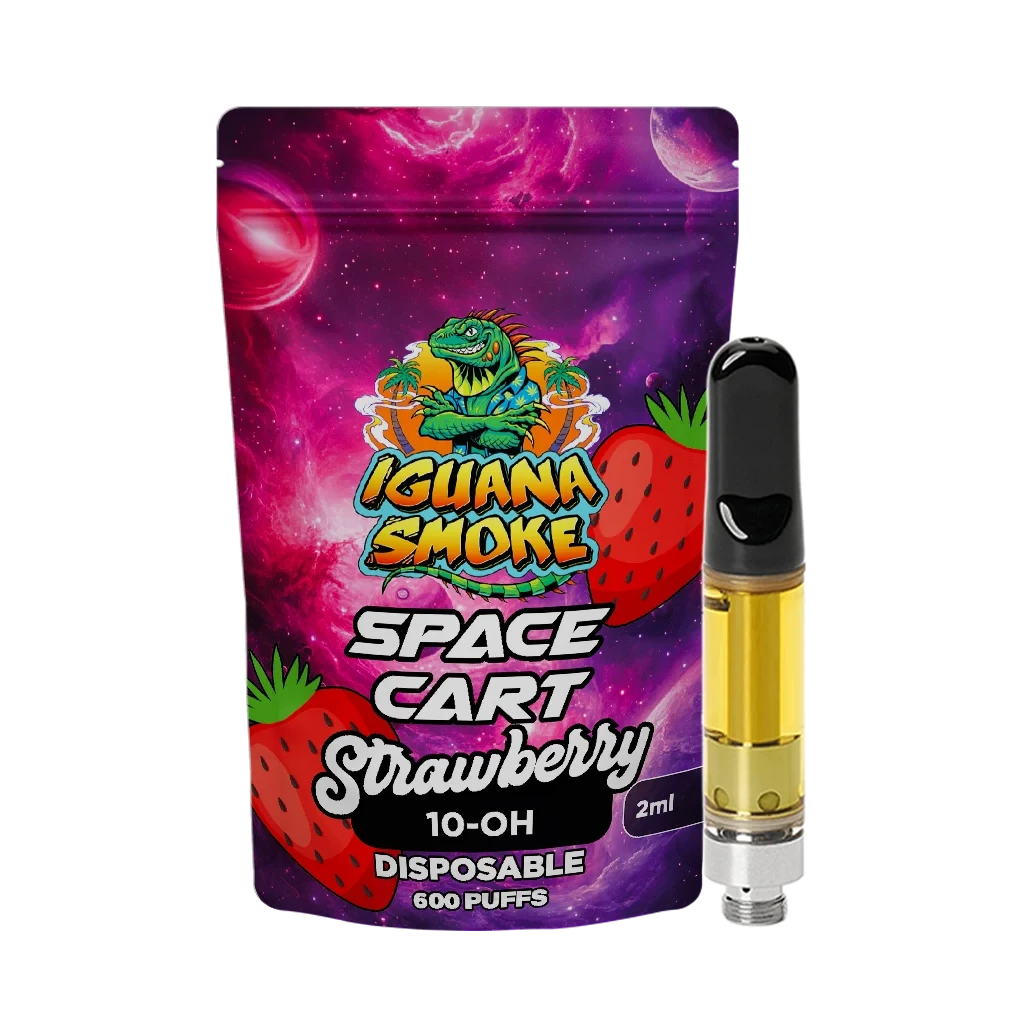Cartucho Iguana Smoke con boquilla negra y líquido amarillo junto a su bolsa violeta rotulada Strawberry, 10-OH y 2 ml.