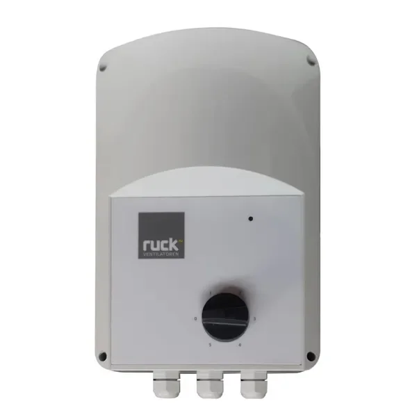 Controlador de velocidad Can-Fan TEM 075 con carcasa gris, mando giratorio negro, indicador frontal y entradas de cable en la parte inferior.