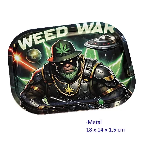 Bandeja para liar Weed War con bordes elevados y un guerrero de barba verde, casco con hoja de cannabis y un platillo volante.