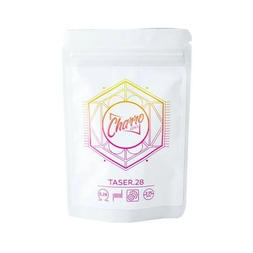 Bolsa blanca de Charro Coils Taser.28 con cierre superior y logotipo geométrico en degradado amarillo y rosa.