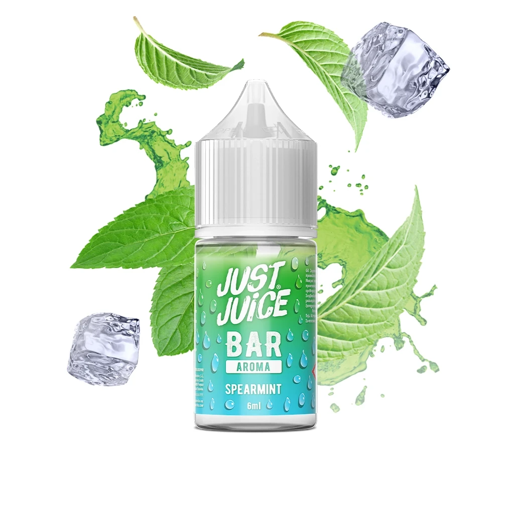 Frasco Just Juice Bar Spearmint con tapón blanco y etiqueta verde y azul de 6 ml, rodeado de hojas, hielo y una salpicadura verde.