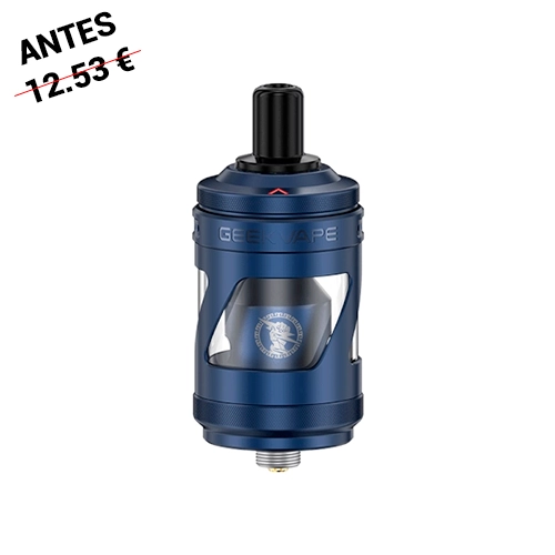 Depósito Geekvape Z Nano MTL Tank azul con boquilla negra, ventana transparente y conexión roscada inferior sobre fondo blanco.