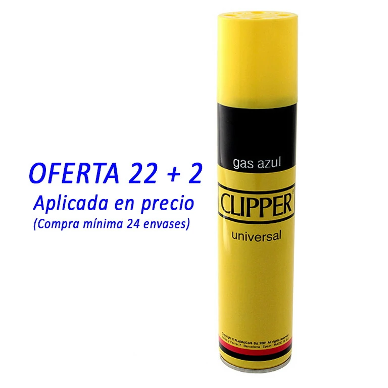 Envase cilíndrico amarillo de gas universal Clipper con tapón amarillo y franja negra con el texto «gas azul», sobre fondo blanco.