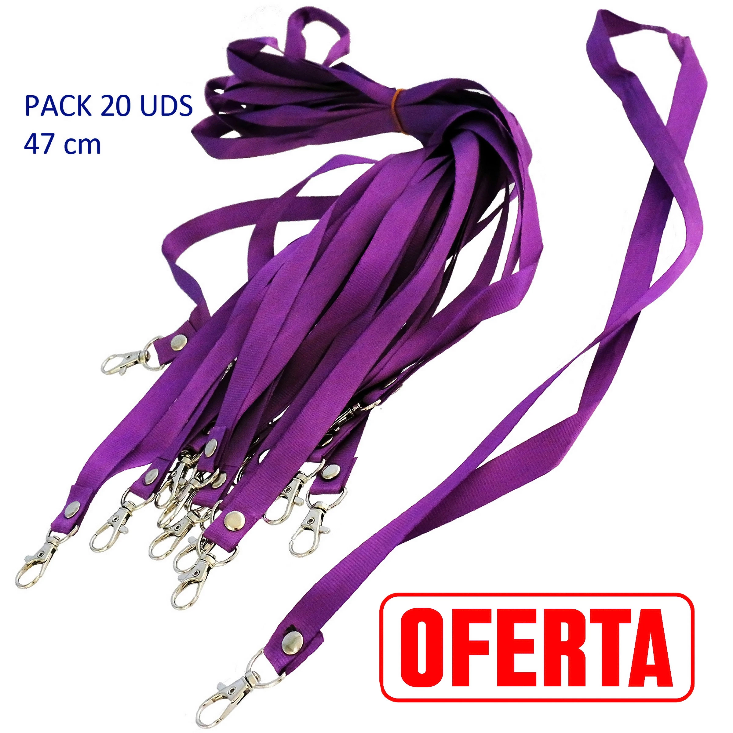 Cintas lanyard púrpura con mosquetones plateados, agrupadas sobre fondo blanco y con una unidad extendida a la derecha.