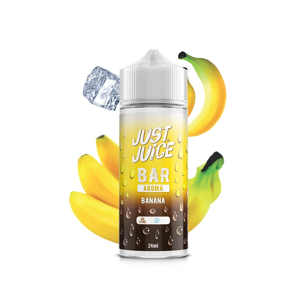 Frasco Just Juice Bar Banana de 24 ml con tapón blanco y etiqueta amarilla y marrón, acompañado de plátanos y un cubito de hielo.