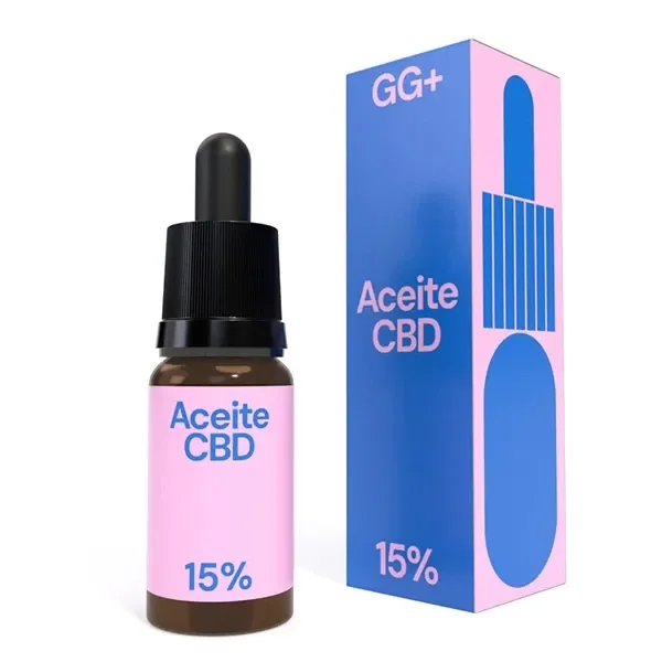 Frasco de aceite CBD GG+ al 15 % con cuentagotas negro y etiqueta rosa, junto a su caja azul y rosa sobre fondo blanco.