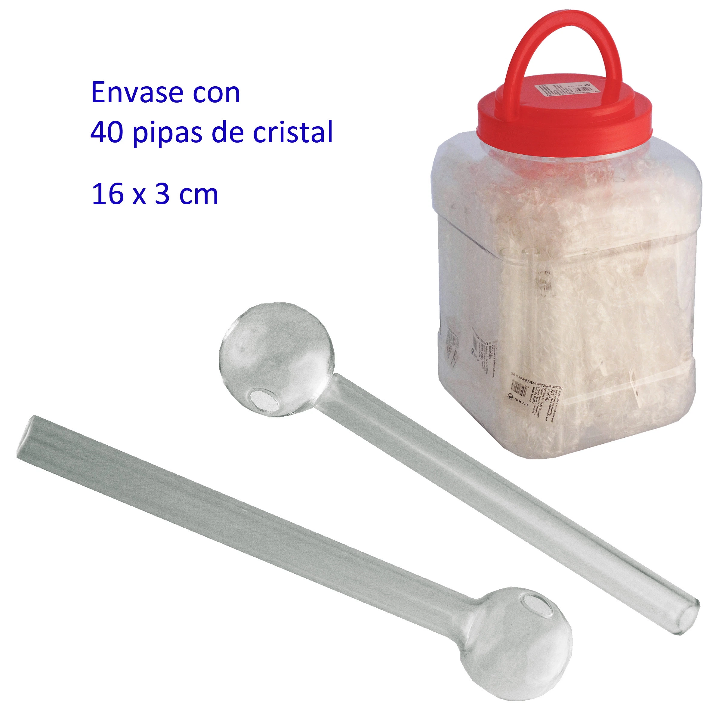 Pipas de cristal transparentes con tubo recto y cazoleta esférica, junto a un bote translúcido con tapa y asa rojas.