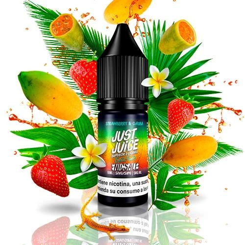 Frasco Just Juice Nic Salts Strawberry & Curuba con tapón negro, rodeado de fresas, frutos amarillos, hojas y flores.