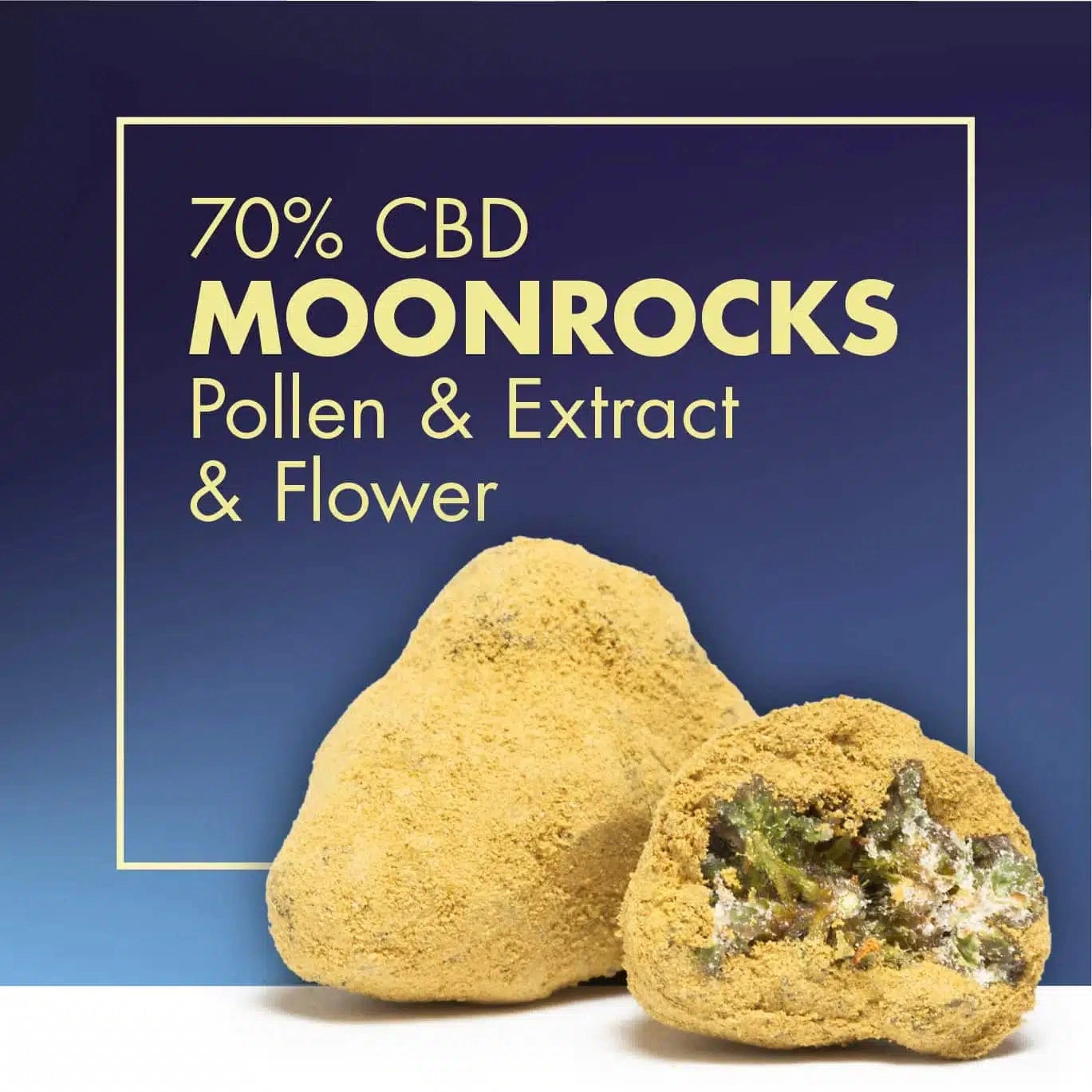 MoonRock de Cannactiva con recubrimiento amarillo dorado y una pieza abierta que muestra el interior; texto «70% CBD».