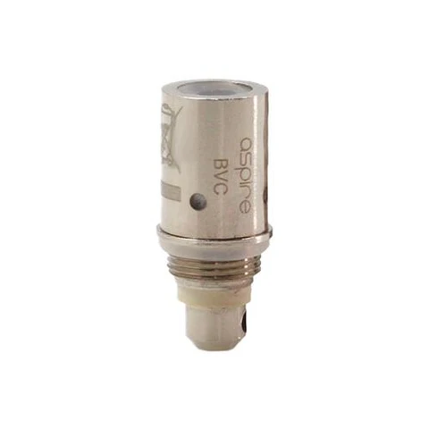 Resistencia Aspire BVC de acabado plateado, con abertura superior, orificio lateral y base roscada, aislada sobre fondo blanco.