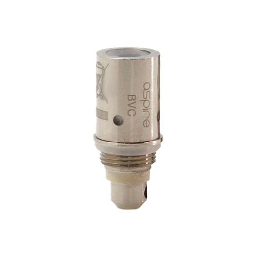 Resistencia Aspire BVC de acabado plateado, con abertura superior, orificio lateral y base roscada, aislada sobre fondo blanco.