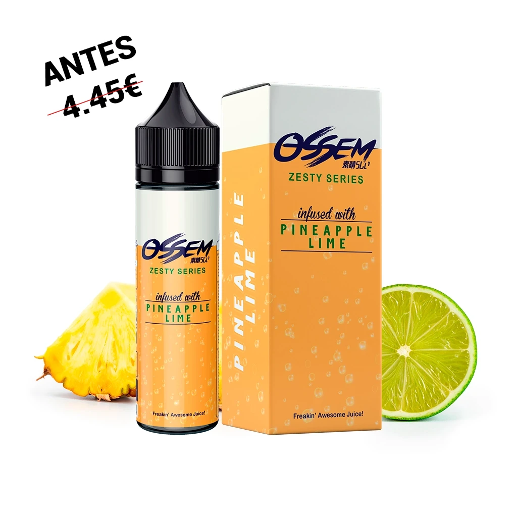 Botella de Ossem Pineapple Lime con tapón negro junto a su caja naranja, una porción de piña y media lima sobre fondo blanco.