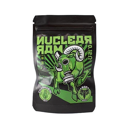 Bolsa negra de Chernobyl Coils Nuclear Ram 0,12 Ω, con letras verdes e ilustración de un carnero con máscara antigás.
