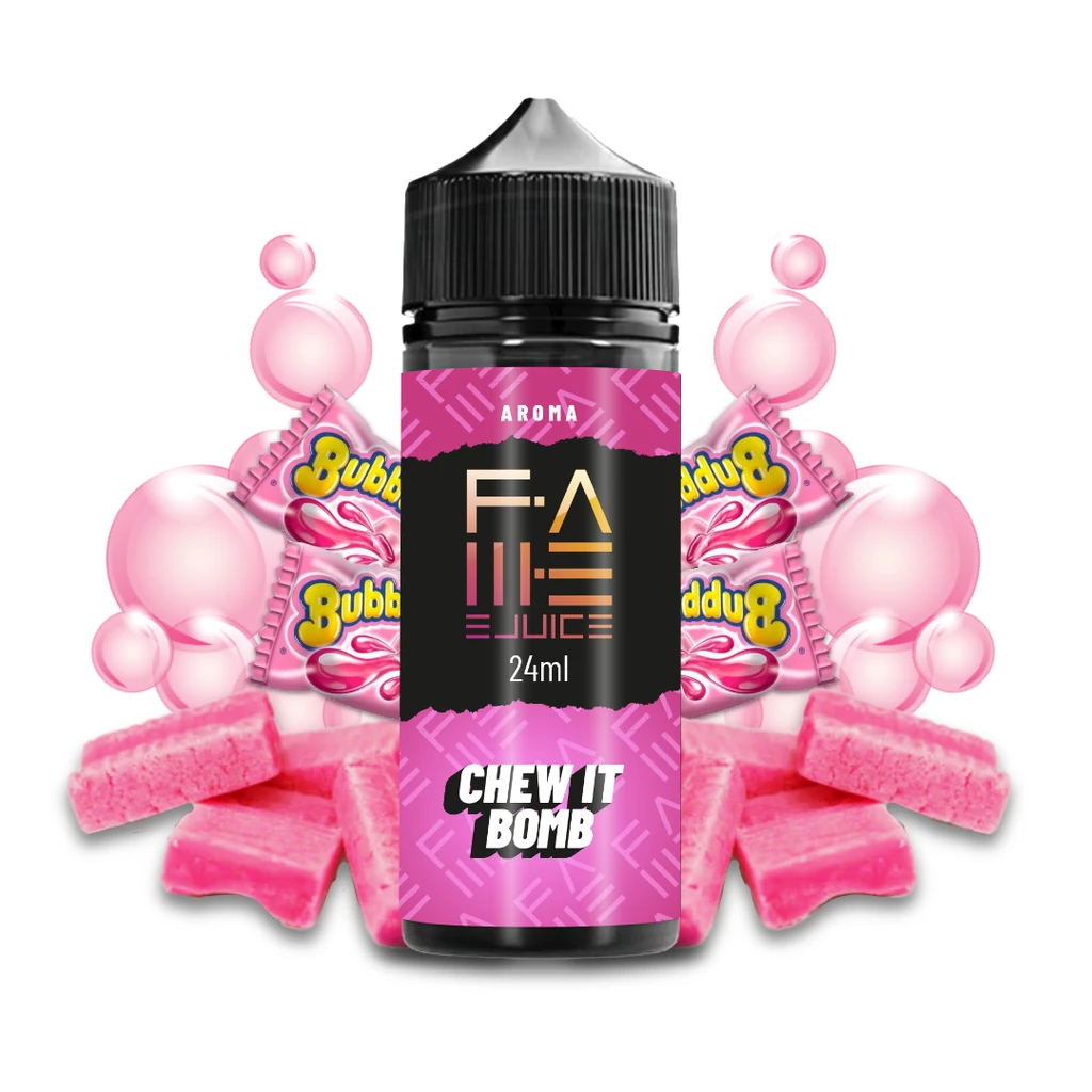 Bote de aroma Chew It Bomb Fame Ejuice de 24 ml con tapón negro y etiqueta rosa, rodeado de chicles rosas y burbujas ilustradas.