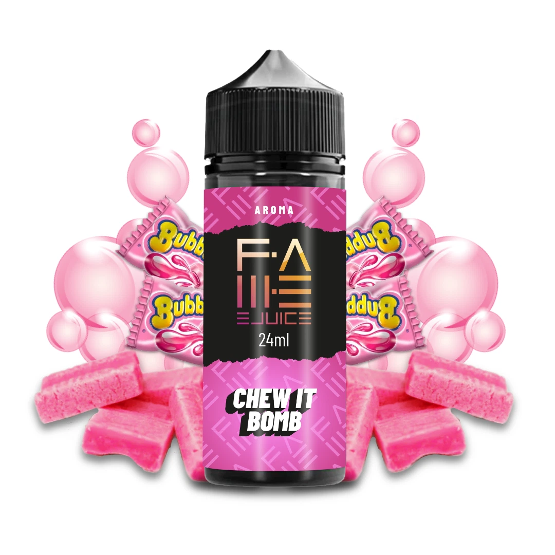Bote de aroma Chew It Bomb Fame Ejuice de 24 ml con tapón negro y etiqueta rosa, rodeado de chicles rosas y burbujas ilustradas.