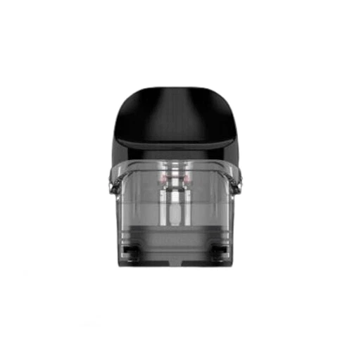 Pod de recambio Vaporesso Luxe Q/QS visto de frente, con boquilla negra y depósito transparente oscuro sobre fondo blanco. Pod de recambio Vaporesso Luxe Q/QS visto de frente, con boquilla negra y depósito transparente oscuro sobre fondo blanco.