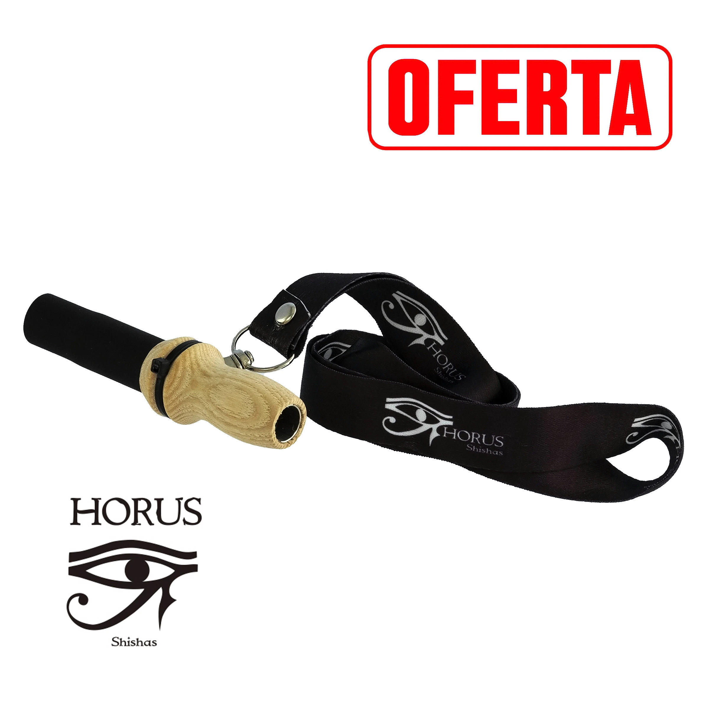 Boquilla de madera clara Horus Shishas con tubo negro y cinta negra con logotipos blancos, junto al rótulo rojo «OFERTA». Boquilla de madera clara Horus Shishas con tubo negro y cinta negra con logotipos blancos, junto al rótulo rojo «OFERTA».