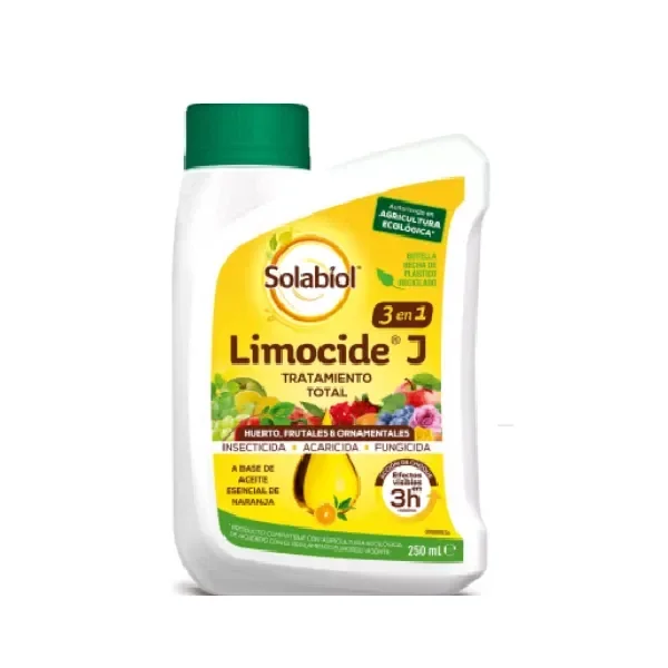 Envase blanco de Solabiol Limocide de 250 ml, con tapón verde y etiqueta amarilla con ilustraciones de frutas y flores.