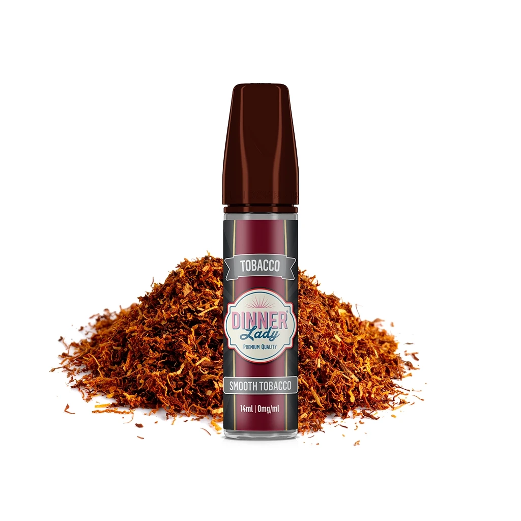 Frasco Dinner Lady Smooth Tobacco Longfill de 14 ml con tapón marrón, delante de un montón de tabaco picado sobre fondo blanco.