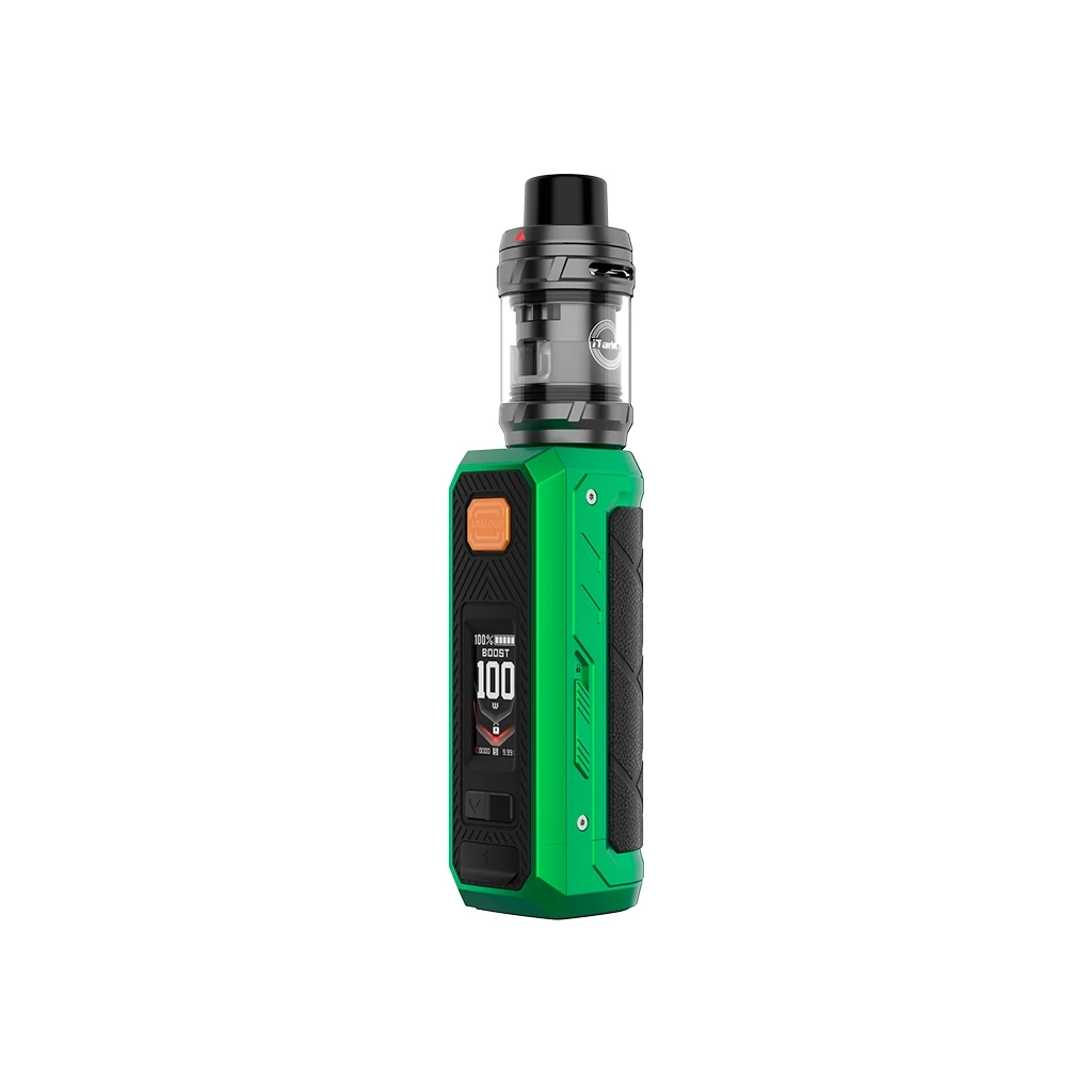 Vaporesso Armour Ultra Kit verde y negro, con botón naranja, pantalla frontal y depósito transparente con boquilla negra.