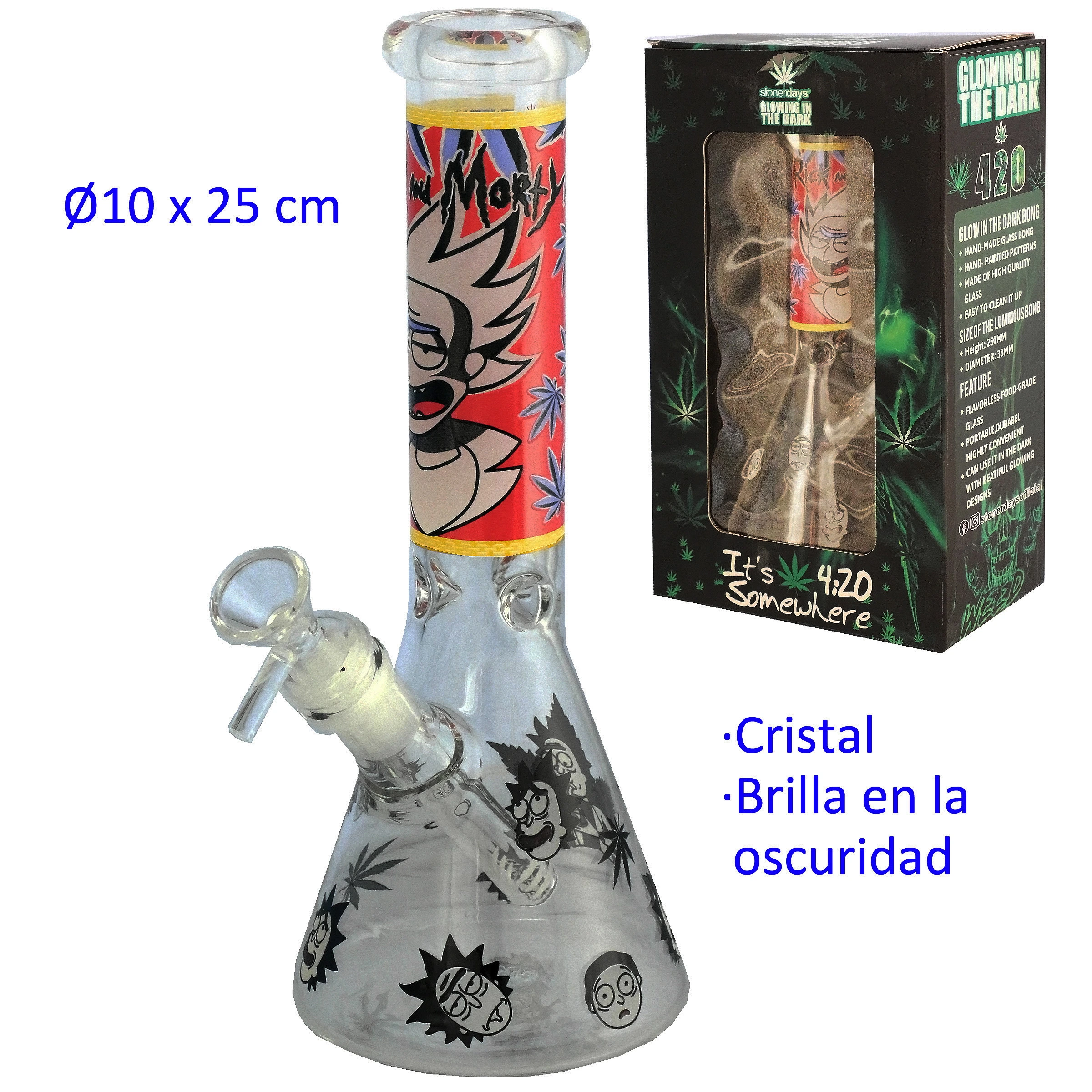Bong de cristal de 25 cm con base cónica, cazoleta lateral y dibujos de personajes, junto a su caja con texto sobre brillo en la oscuridad.