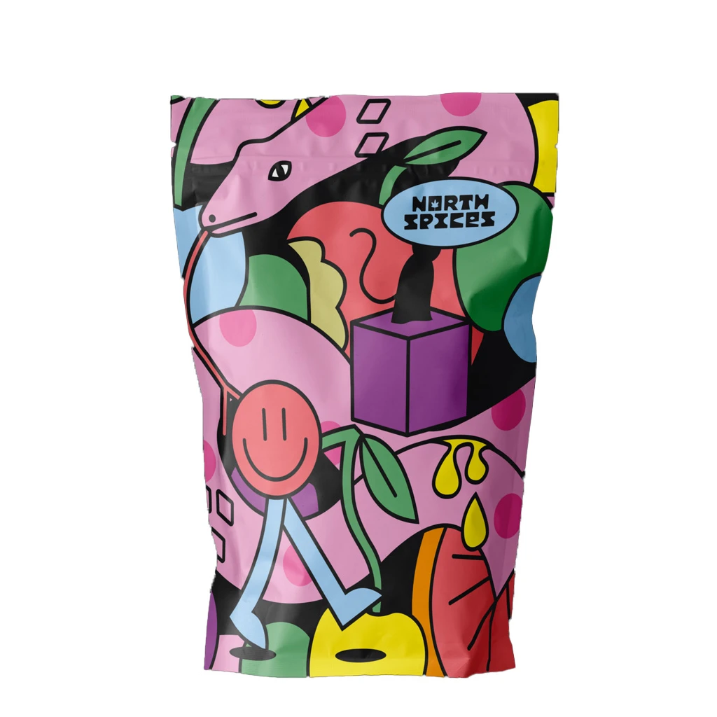 Bolsa de North Spices Lemon Cherry Gelato con ilustraciones multicolores sobre fondo rosa y logotipo ovalado azul.