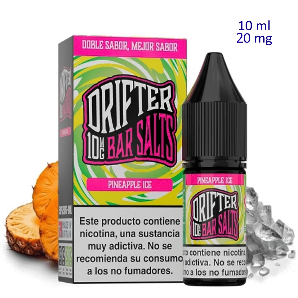 Caja y frasco de Drifter Bar Salts Pineapple Ice junto a piña y hielo, con indicación de 10 ml y 20 mg y advertencia de nicotina.