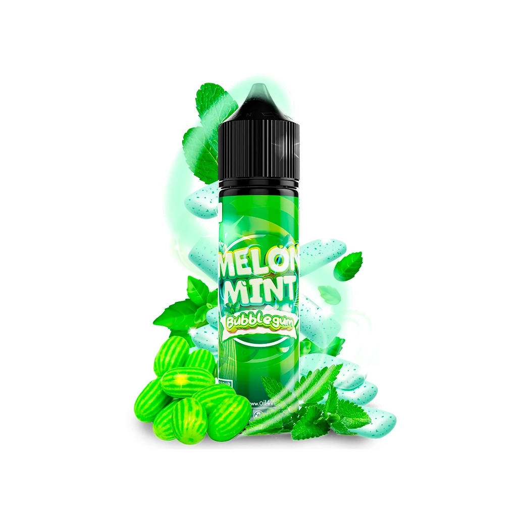Frasco Oil4vap Melon Mint Bubblegum con tapón negro y etiqueta verde, rodeado de hojas de menta, chicles y caramelos verdes ilustrados.